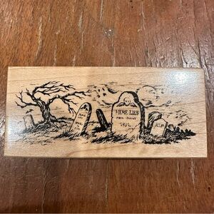 Vintage 1995 PSX Halloween Gravestone Wooden Rubber Stamp